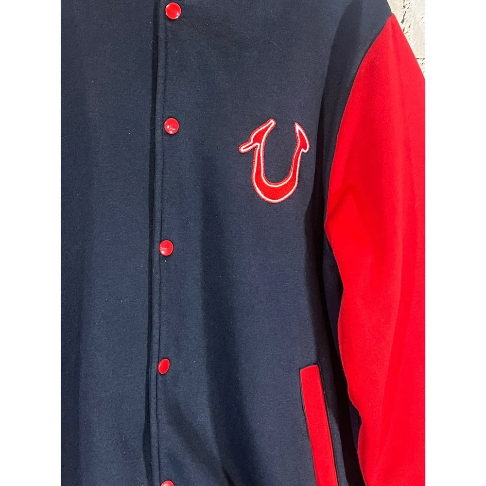 Rare 2005 True Religion Mens Varsity Jacket Navy Blue Red Horseshoe Logo 2XL
